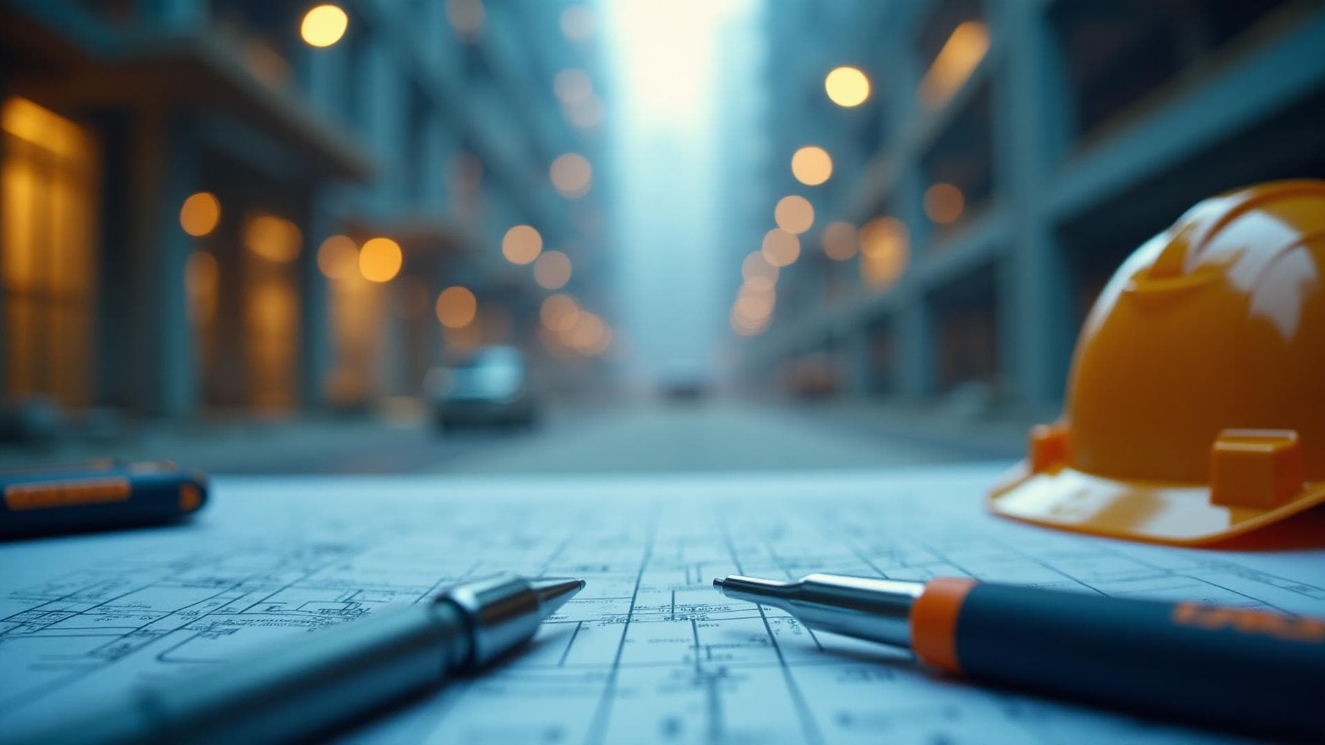 Mestre de obras analisando planta em canteiro de obras com equipe ao fundo