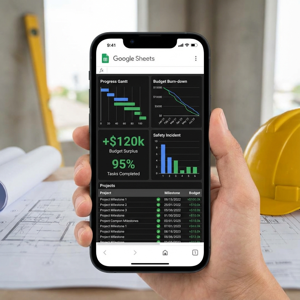 Pessoa usando Google Sheets no celular em uma obra para controlar gastos